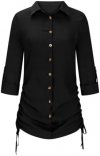Women's Long Sleeve Button Down Shirt Dress Both Sides Drawstring Long Blouse Tunic Tops Collared Short Mini Dresses
