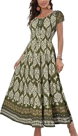 OSTOO Women's 2025 Summer Short Sleeves Boho Floral Print Tiered Casual Flowy Long Maxi Dress