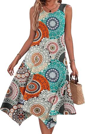 HOTOUCH Women's Casual Summer Dress Sleeveless Sundress Hankerchief Hem Midi Tank Dresses Beach Dress with Pockets
