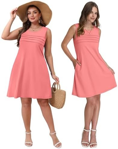 OFEEFAN Womens Pleated Front Tank Dresses Fashion Spring Sleeveless Pockets Sundress Casual Summer