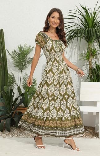 OSTOO Women's 2025 Summer Short Sleeves Boho Floral Print Tiered Casual Flowy Long Maxi Dress