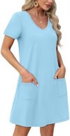 OFEEFAN Summer Dresses for Women 2025 Loose V Neck Short Sleeve Casual T Shirt Dress Sundresses Swimsuit Coverup with Pockets