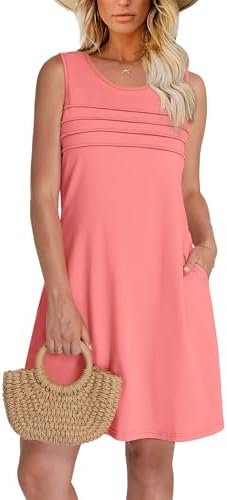 OFEEFAN Womens Pleated Front Tank Dresses Fashion Spring Sleeveless Pockets Sundress Casual Summer