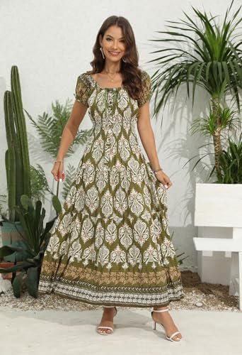 OSTOO Women's 2025 Summer Short Sleeves Boho Floral Print Tiered Casual Flowy Long Maxi Dress