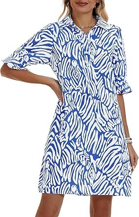 FENSACE Womens Casual Shirt Dress Ruffle Sleeve Solid Color Button Down Shift Summer Dresses with Pockets