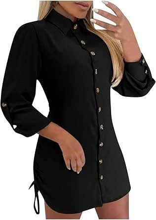 Women's Long Sleeve Button Down Shirt Dress Both Sides Drawstring Long Blouse Tunic Tops Collared Short Mini Dresses